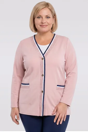 Różowy sweter granatowe paski