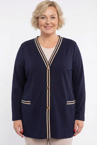 Granatowy sweter złote paski